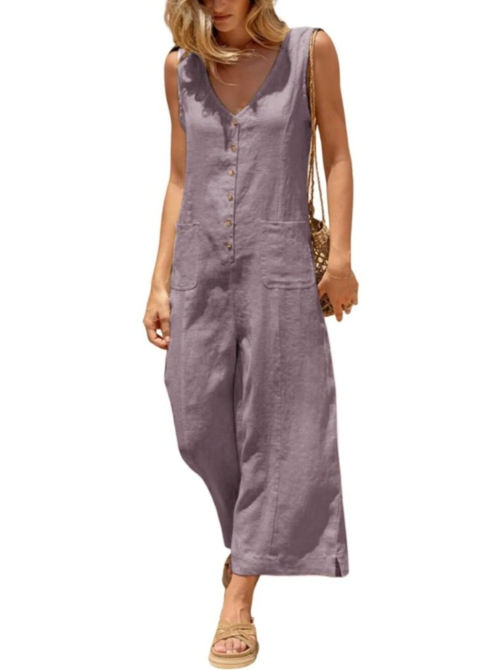 Women's Purple Cotton Linen Sleeveless Casual Wide Leg Button Down Romper
